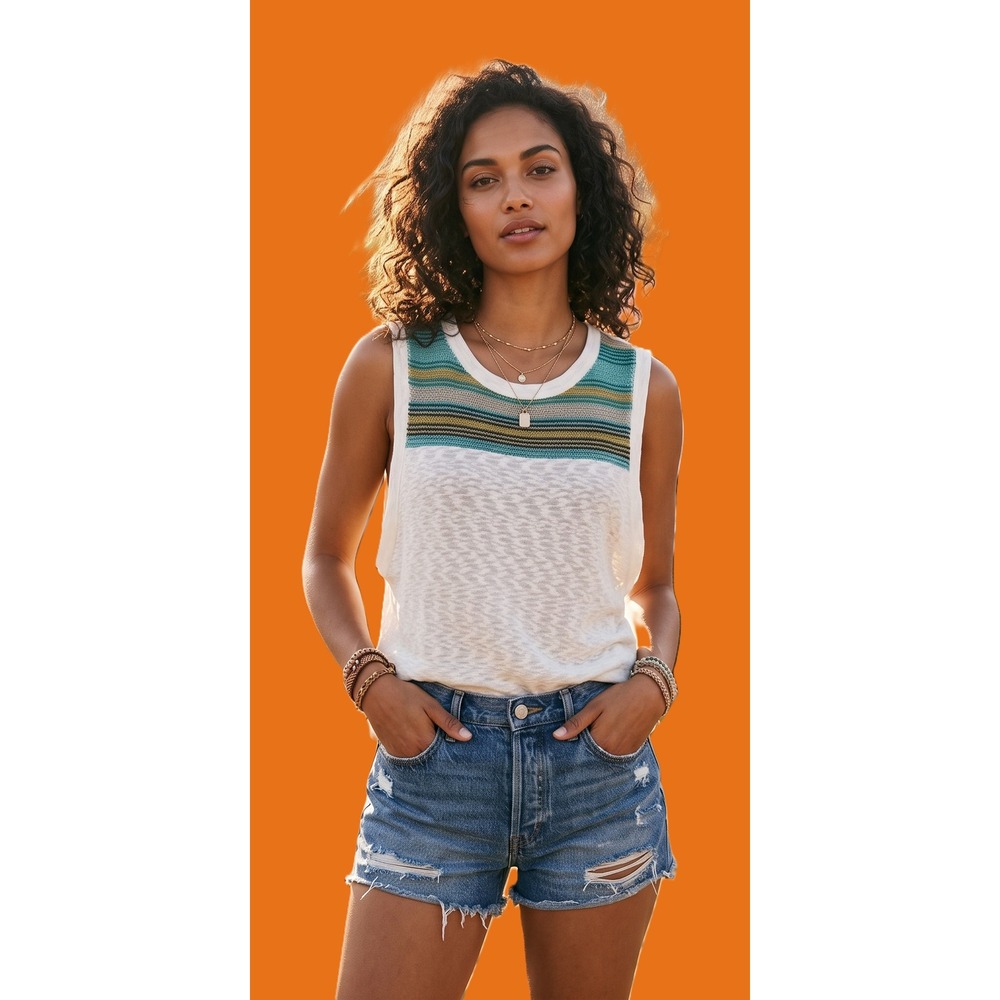 NWT SugarFox Cream Multicolor Stripe Knit Tank Top Boho Festival Large